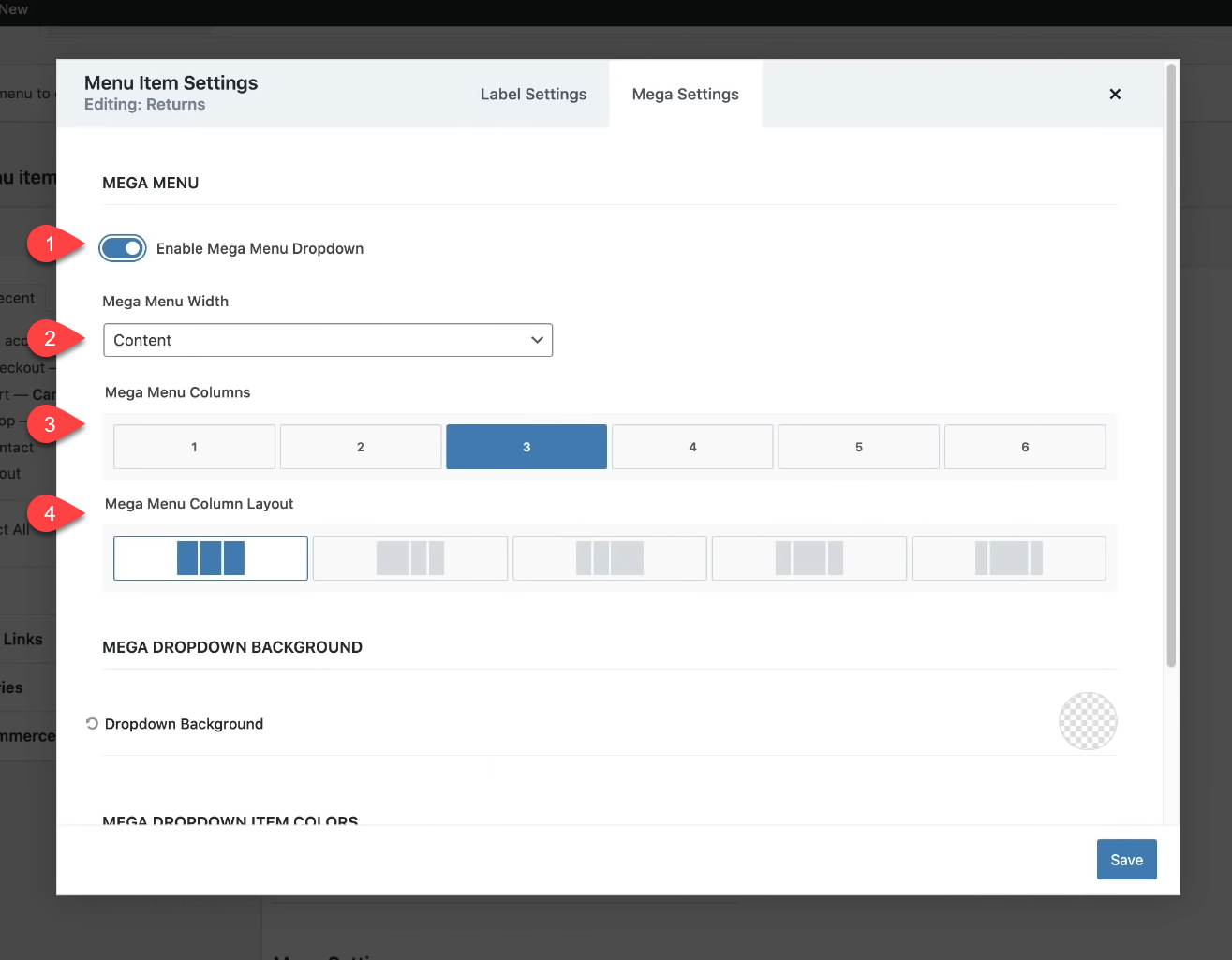 kadence theme Mega menu settings