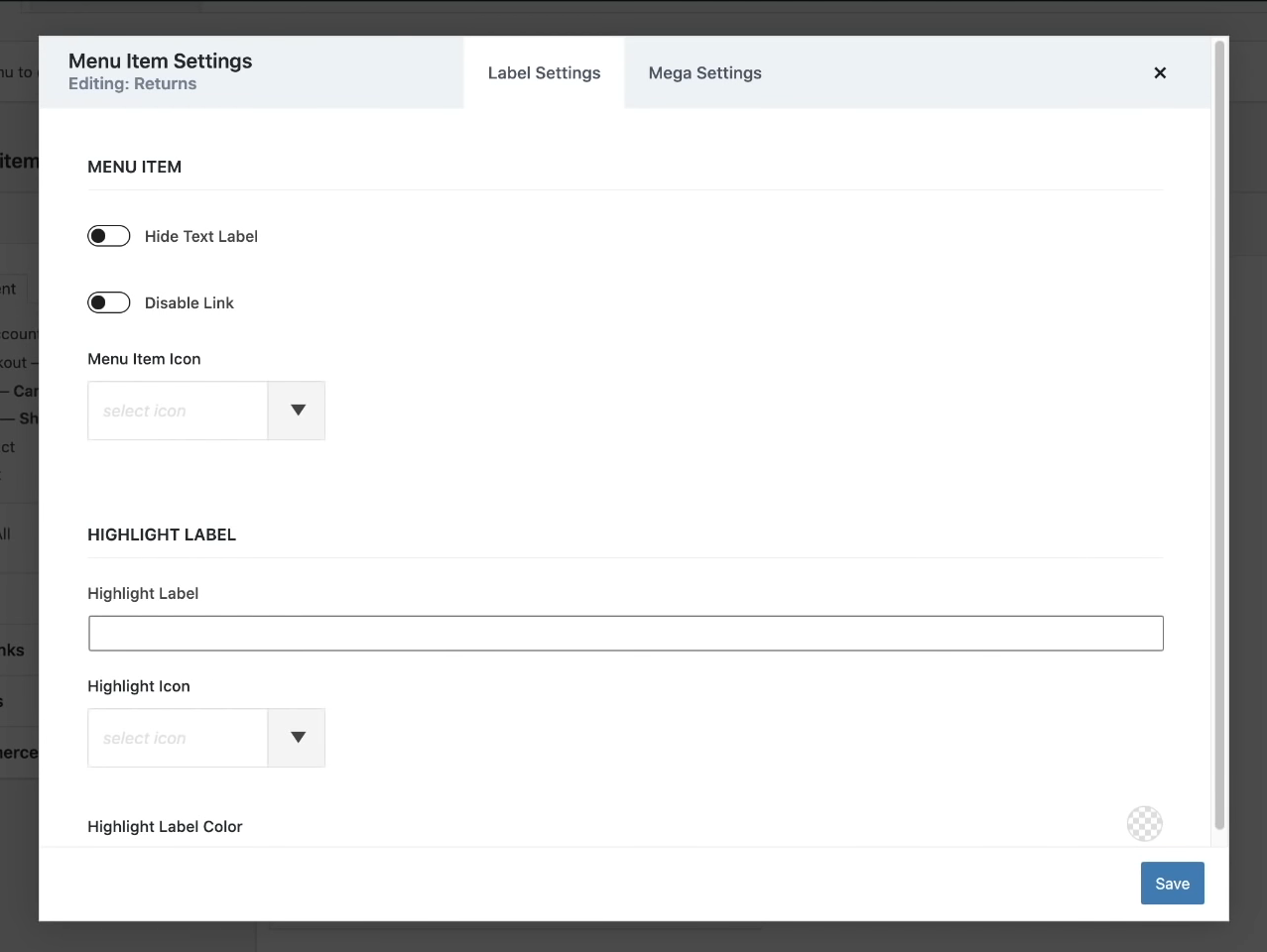 kadence theme menu label settings