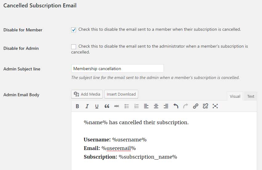 Restrict content pro -Email-Settings
