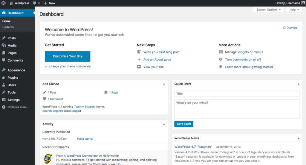 Dashboard of wordpress to create an ecommerce website