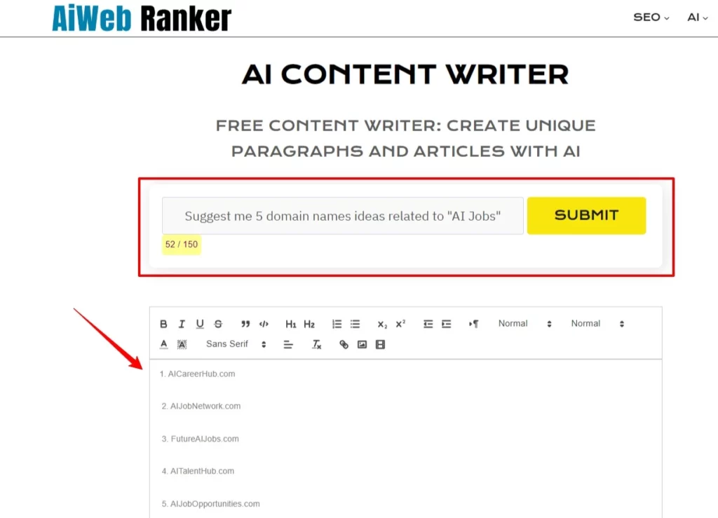 Generate Domain Names from Content Writer