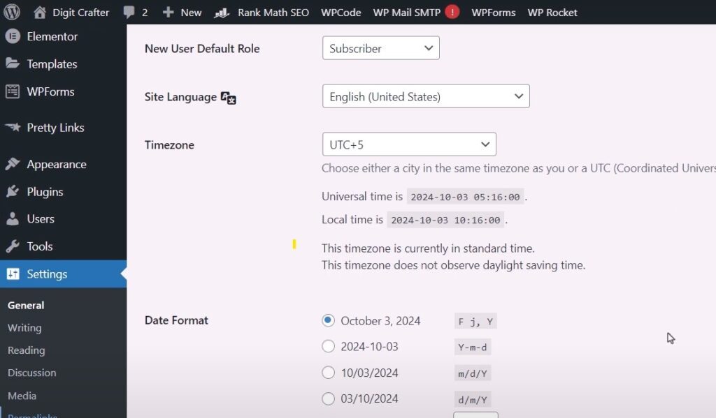 Wordpress Date and Time Zone Setting